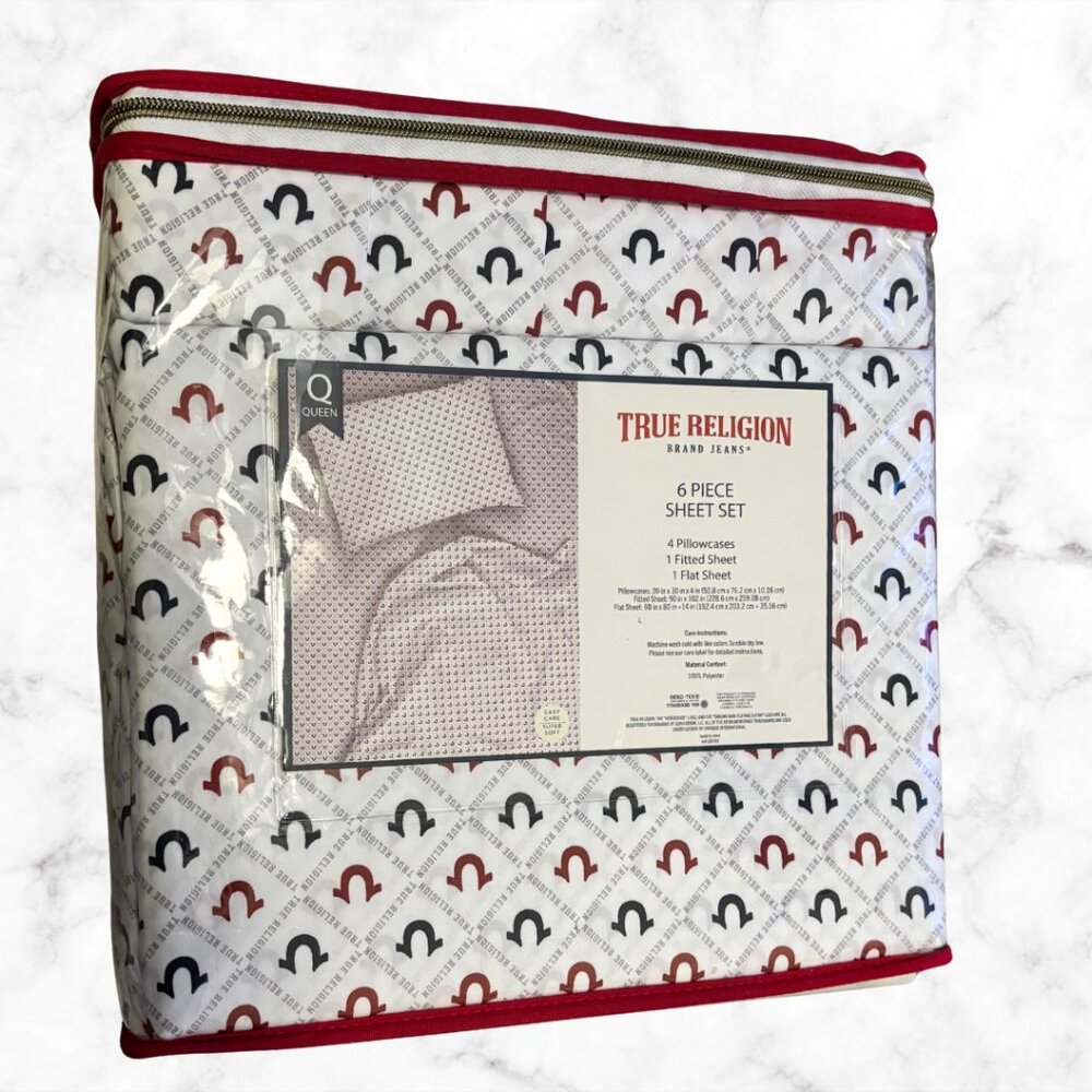 NEW | TRUE RELIGION Queen Sheet Set | 6 Piece Logo Print Bedding